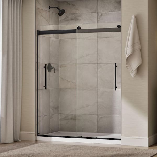 Elmbrook 55-60 in. W x 74 in. H Sliding Frameless Shower Door in Matte Black with 5/16 in. Thick Tempered Glass