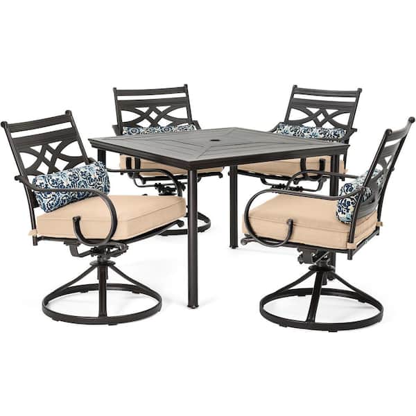 Hanover Montclair 5-Piece Metal Outdoor Dining Set with Country Cork Cushions, Swivel Rockers and Table