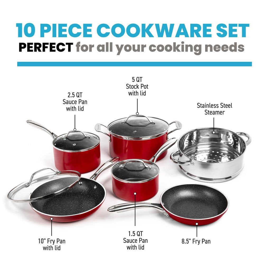 10-Piece Red Nonstick Aluminum Cookware Set with Glass Lids