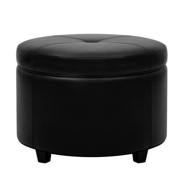 Unbranded Round Leatherette Storage Ottoman with Lid for Living Room, Black