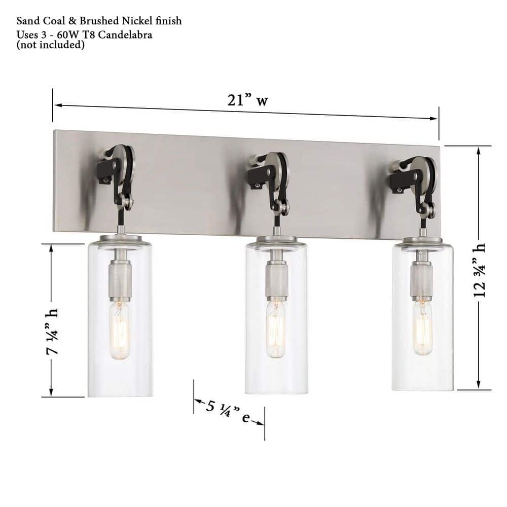 Pullman Junction 3-Light Bath Bar in Coal and Brushed Nickel with Clear Glass