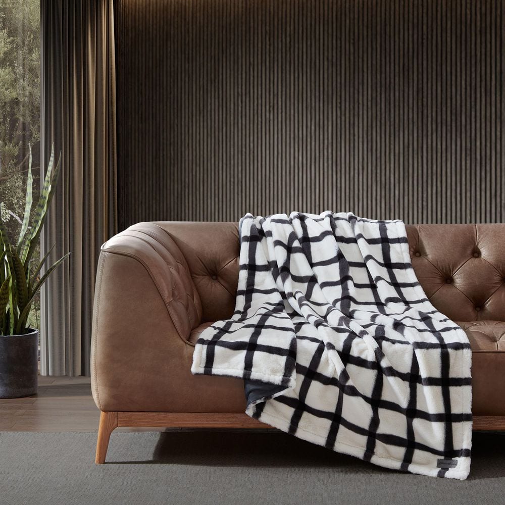 Gray and White Faux Fur Reversible Throw Blanket Set