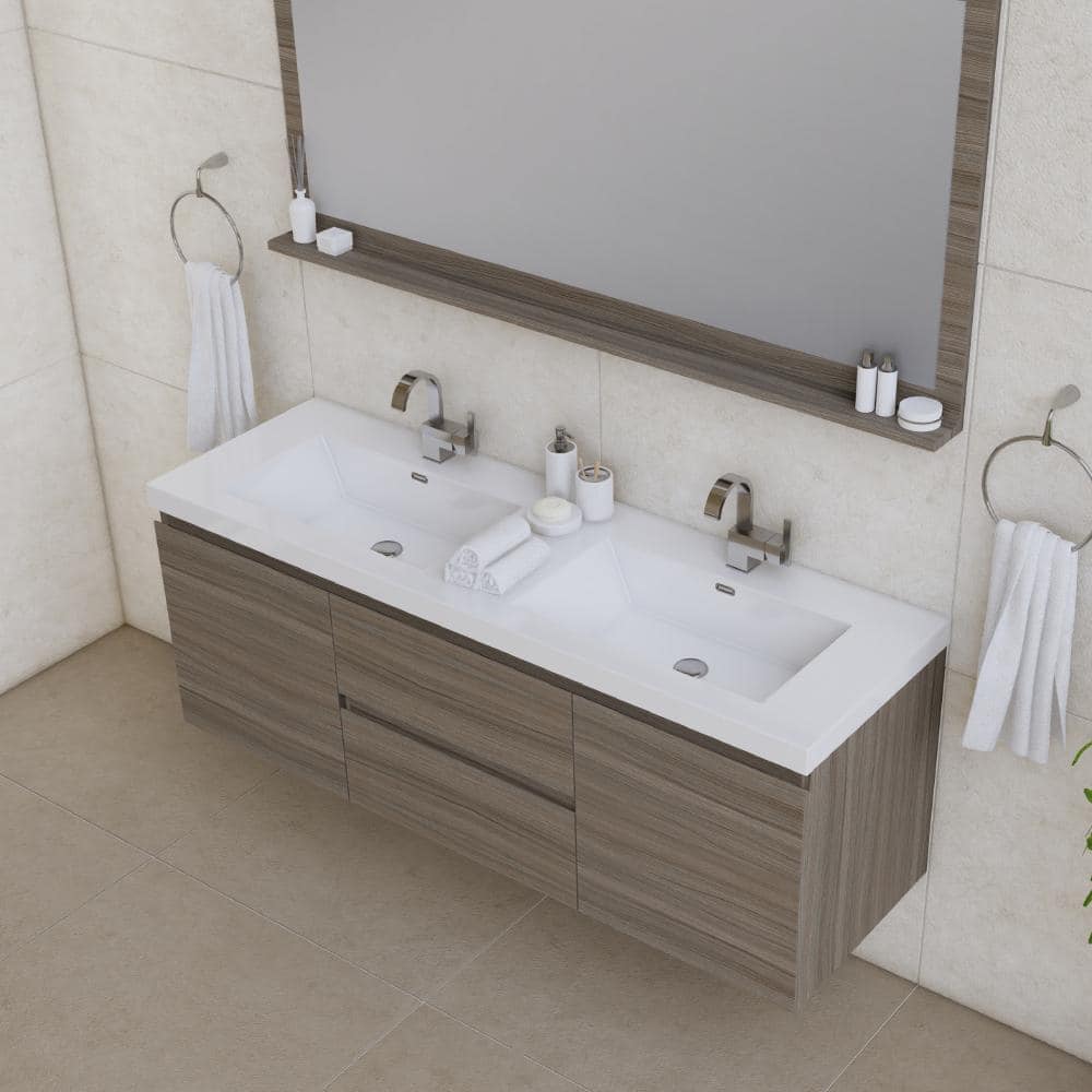 Gray MDF Double Sink Wall-Mounted Bathroom Vanity