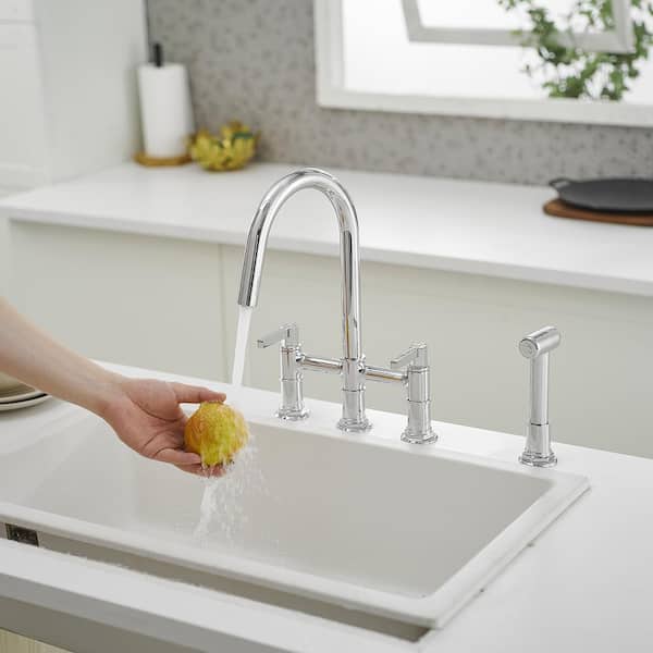 2-Handle Deck Mount Kitchen Faucet 3-Hole Bridge Kitchen Faucet with Side Sprayer in Polished Chrome
