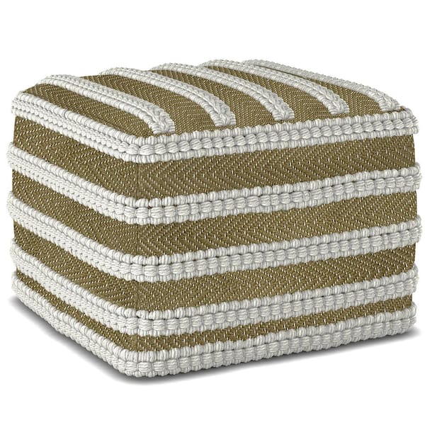Simpli Home Liam Square Woven Pouf in Natural and White Recycled PET Polyester