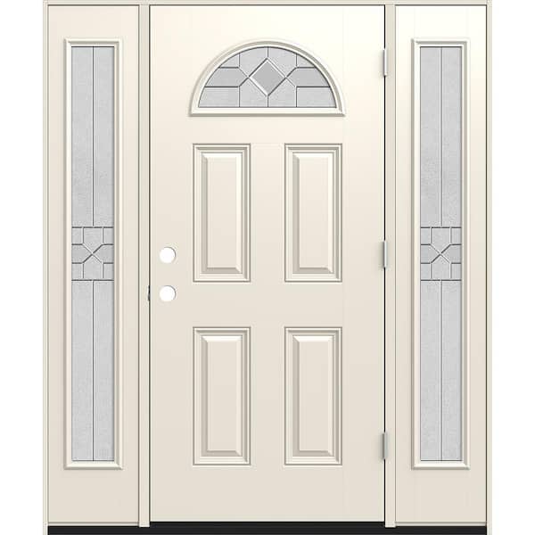 60 in. x 80 in. Left-Hand Fan Lite Decorative Glass Caldwell Primed Fiberglass Prehung Front Door with Sidelites