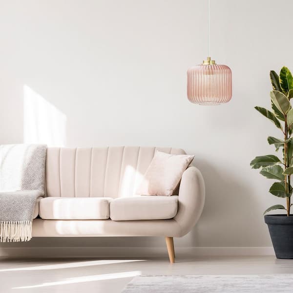 Hadley 8 in. 1-Light Gold Pendant with Pink Glass Shade