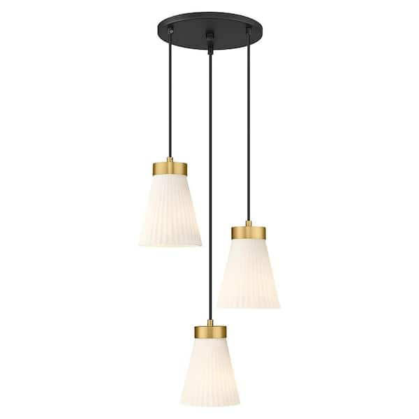 JAZAVA 3-Ligtht Cluster Black Finish Pendant Light with Milk White Frosted Glass Shade, No Bulbs Included