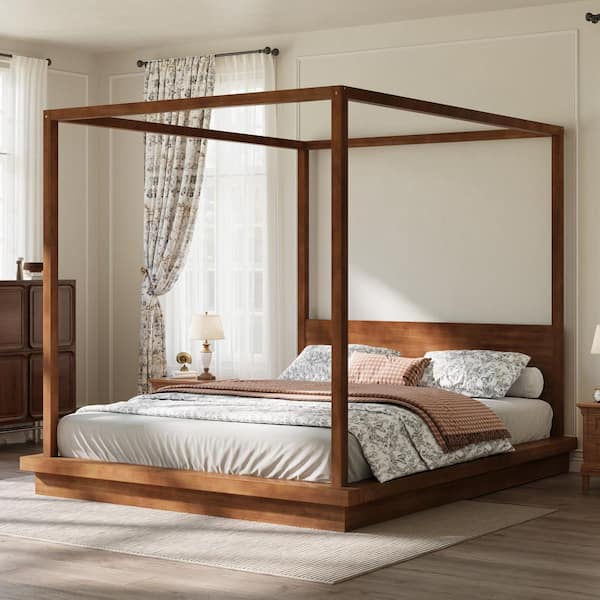 Brown Wood Frame King Size Canopy Bed with Headboard