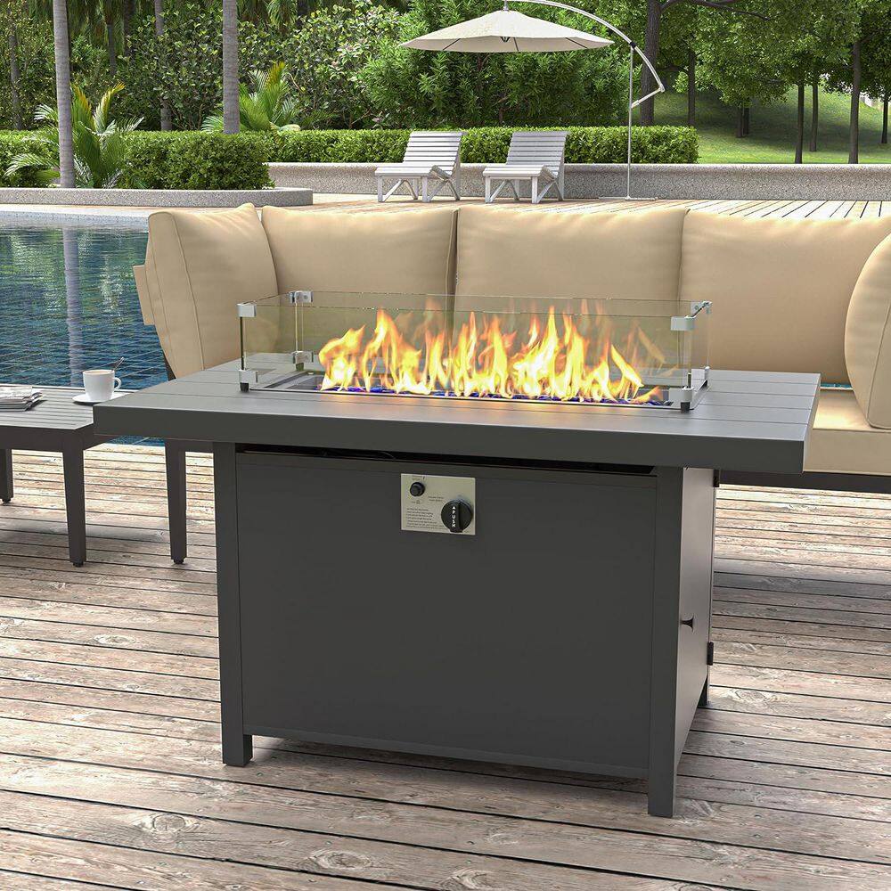 Brown 43 in. 55000 BTU Wicker Propane Outdoor Fire Pit Table with Glass Wind Guard Lid Fire Glass Beads price history on PriceWatchPro