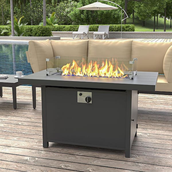 Brown 43 in. 55000 BTU Wicker Propane Outdoor Fire Pit Table with Glass Wind Guard Lid Fire Glass Beads