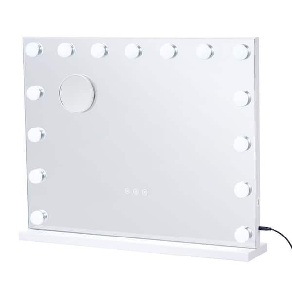 White 19 in. W x 4.7 in. H Modern Square Steel Vanity Mirror, Hollywood Style, 15 Bulbs, 3 Modes, 5x Magnification, USB