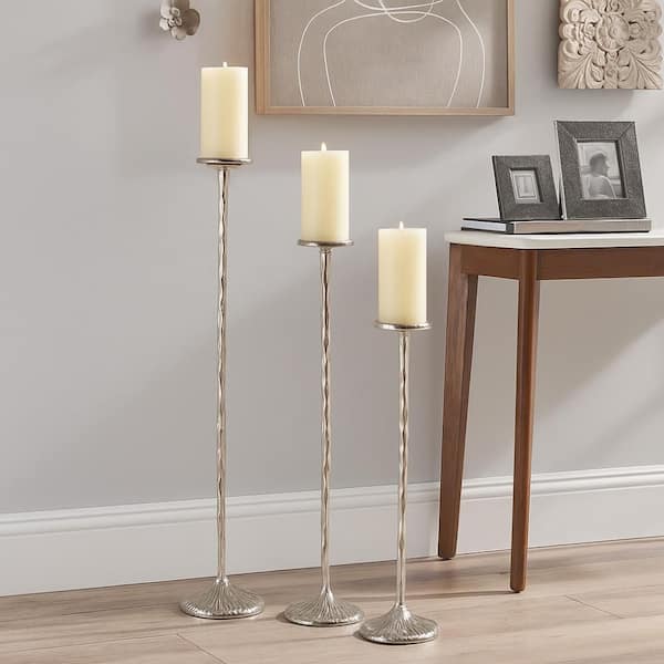 26 in., 32 in. and 40 in. Silver Metal Decorative Tall Floor Candle Holders (Set of 3)