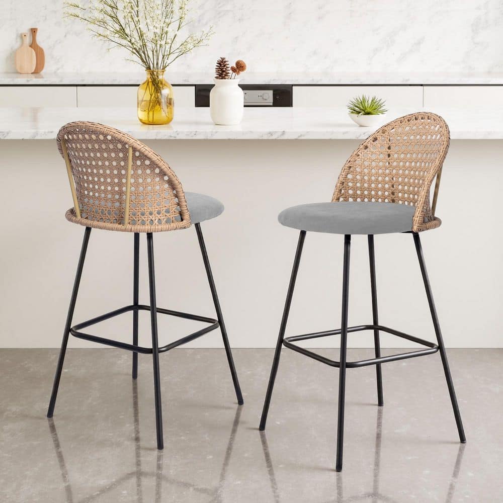 40.55 in. H Woven Wicker Low Back Metal Bar Stool with Light Gray Chenille Fabric Seat Cushion(set of 2) price history on PriceWatchPro