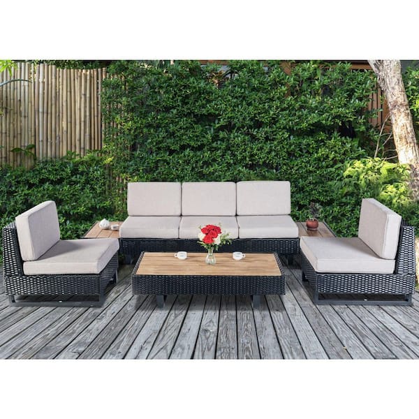 Patiowell 4-Piece Wicker Outdoor Patio Furniture Set Sectional Sofa with Gray Cushions, Acacia Wood Coffee Table and Side Table