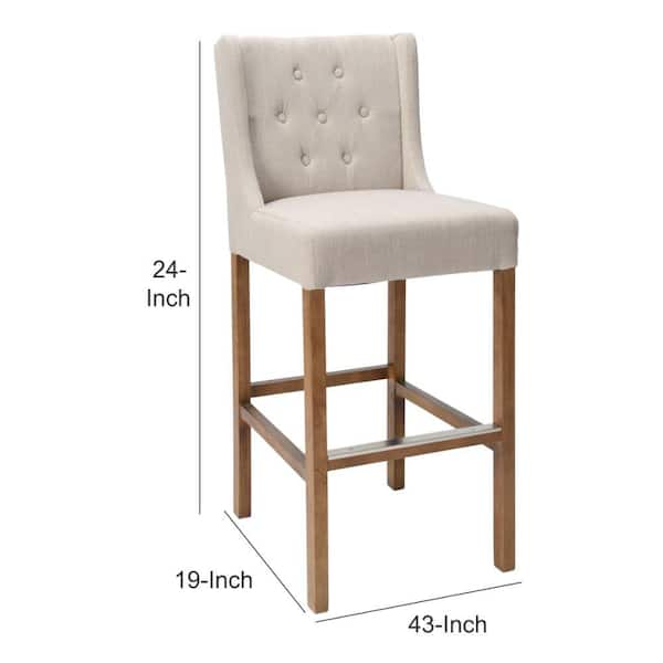 43 in. H Beige and Brown Wooden Bar Stool with Fabric Padded Seat and Button Tufted Wing Back