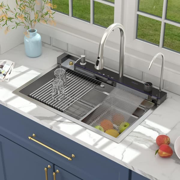 30 in. x 19 in. LED Digital Display Single Bowl 16-Gauge Stainless Steel Workstation Drop-In Kitchen Sink with Faucet