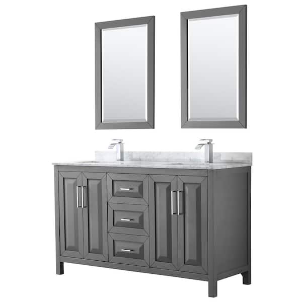 Wyndham Collection Daria 60 in. Double Bathroom Vanity in Dark Gray with Marble Vanity Top in Carrara White and 24 in. Mirrors