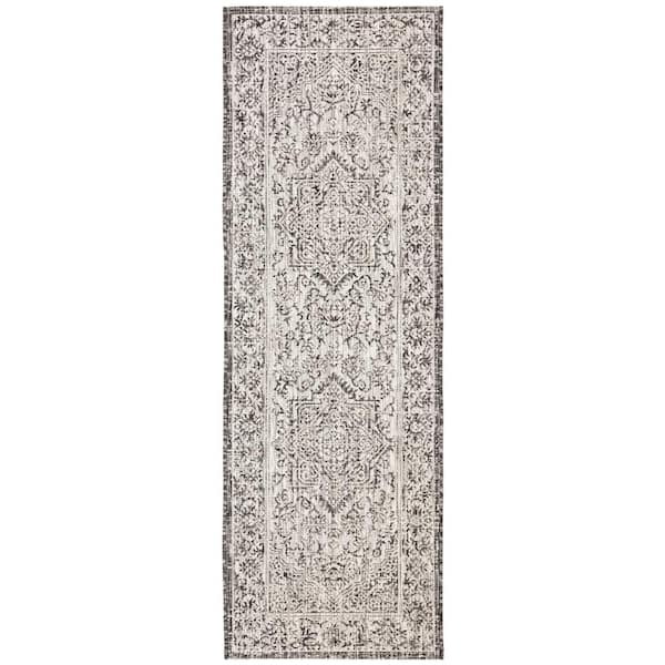 SAFAVIEH Courtyard Slate/Gray 2 ft. x 14 ft. Border Medallion Floral Indoor/Outdoor Runner Rug
