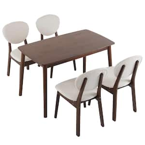 5 Pieces, 1 Table 4 Chairs, Rectangular, Dark Walnut, Rubber wood Dining Table Set with Beige Cushions