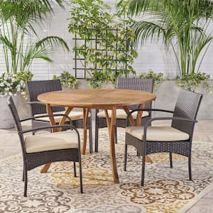 Chilton Multi-Brown 5-Piece Wood and Faux Rattan Outdoor Dining Set with Cream Cushions