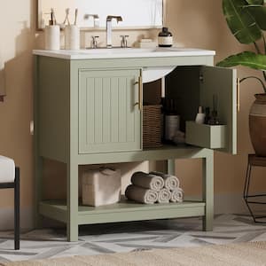 30 in. W Freestanding Bath Vanity in Green with White Ceramic Top