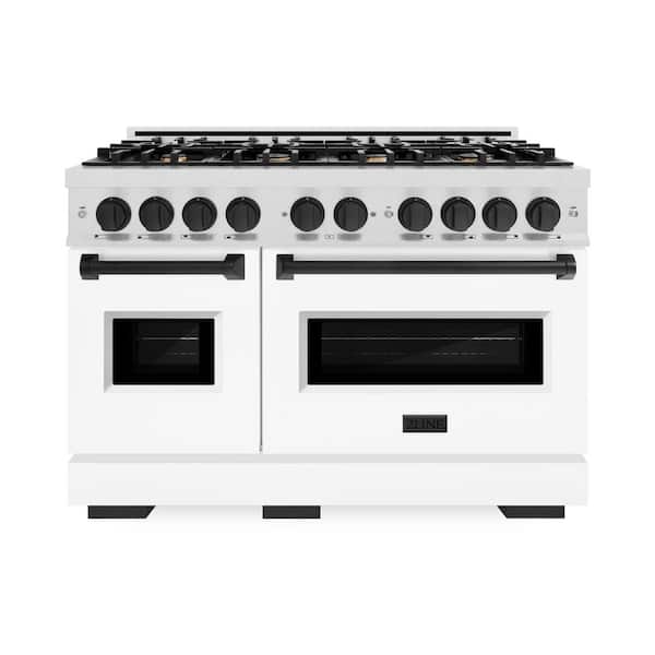 ZLINE Kitchen and Bath Autograph 48 in. Classic Double Oven Gas Range with 8 Burners in Satin Steel with White Doors and Black Accents