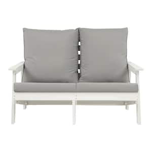 HDPE 1-Piece Wood Grain Outdoor Patio Loveseat with White/Grey Cushion