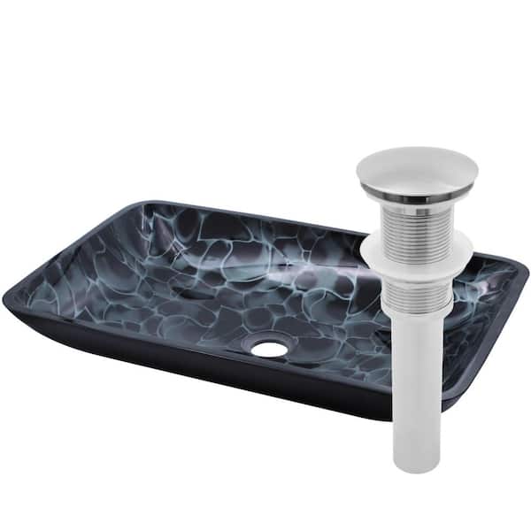 Novatto Cellule Hand Painted Black and Silver Glass Rectangle Vessel Sink with Drain in Brushed Nickel