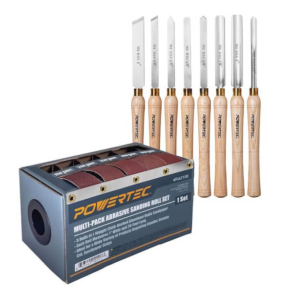 8PCS Wood Lathe Tools Set HSS Steel Blades and 5 Assorted Aluminum oxide Sand Paper Rolls Dispenser Box for Woodworking