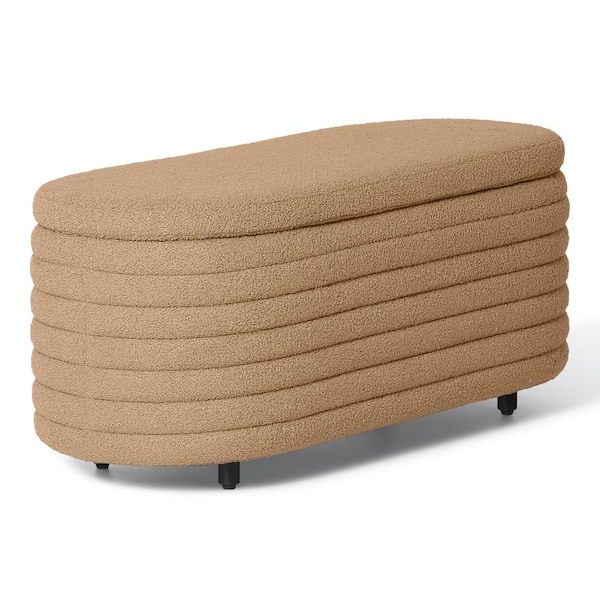 Bayville 42 in. Wide Oval Sherpa Upholstered Entryway Flip Top Storage Bedroom Accent Bench in Camel