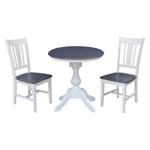 Set of 3-pcs - White/Heather Gray 30 in. Solid Wood Pedestal Table and 2-Side Chairs
