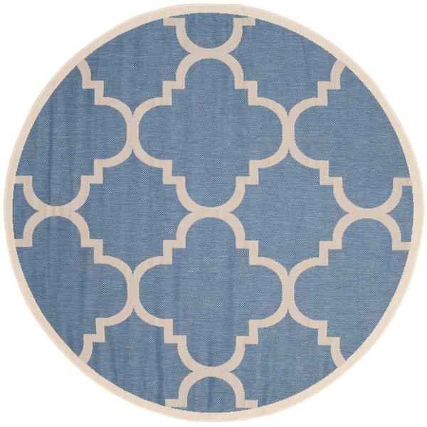 SAFAVIEH Courtyard Blue/Beige 8 ft. x 8 ft. Round Geometric Indoor/Outdoor Patio  Area Rug