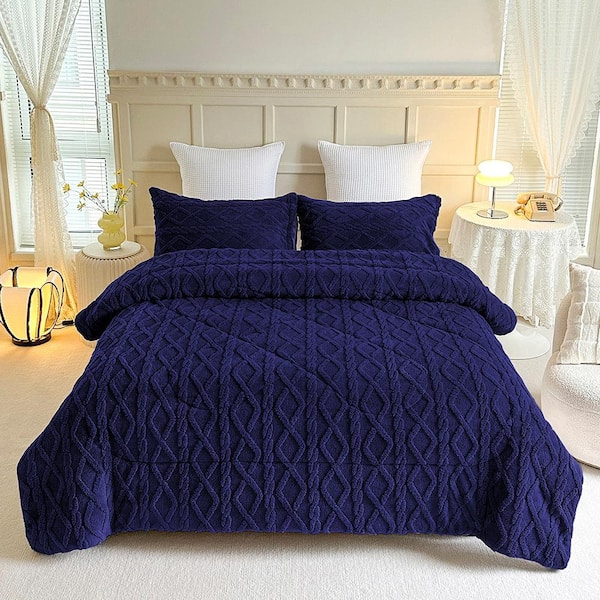 3 Piece Navy Fluffy Sherpa Fleece Comforter Set Tufted Bedding Comforter Set 75 in. x 83 in.