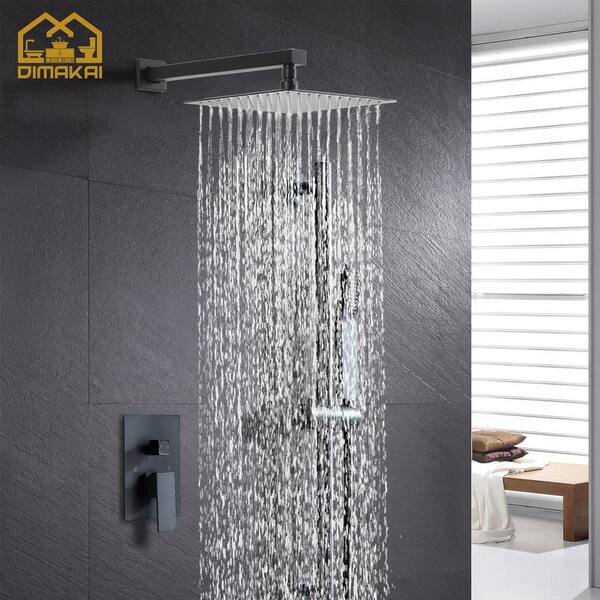 Dimakai 12 in. 6-Jet Thermostatic Ceiling Mount LED Rainfall Shower System with Bathroom Shower Mixer Set in Black