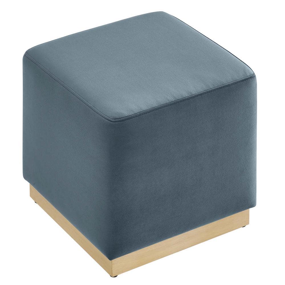 Cadet Blue Velvet Upholstered Ottoman with Rubberwood Base
