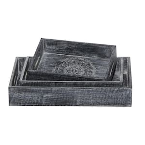 Black Wood Intricate Carved Floral Decorative Tray (Set of 3)