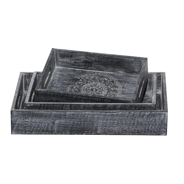 Litton Lane Black Wood Intricate Carved Floral Decorative Tray (Set of 3)