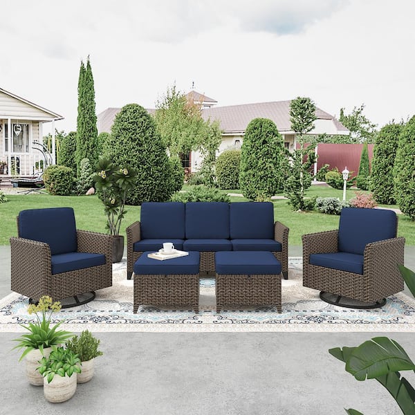 INMITOM 5-Piece Wicker Outdoor Patio Conversation Set with Swivel Chairs, 3-Seater Sofa, Ottomans, and Blue Cushions