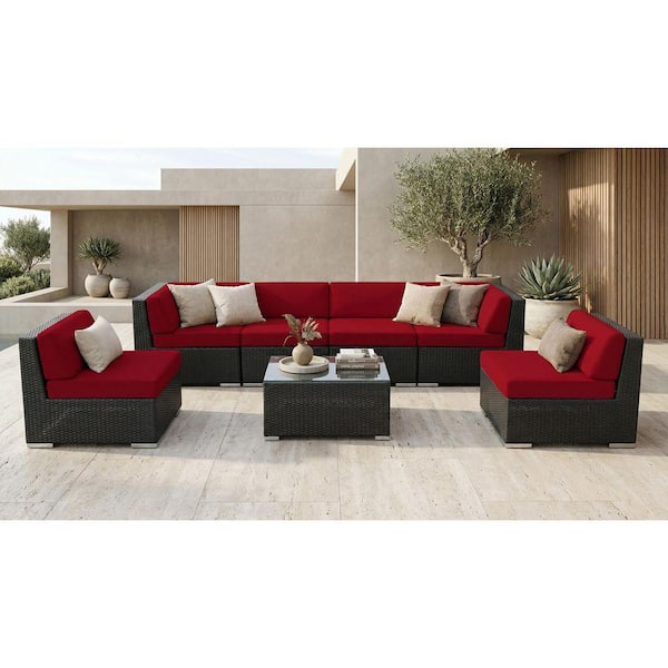 Ohana Black 7-Piece Wicker Patio Seating Set with Sunbrella Jockey Red Cushions