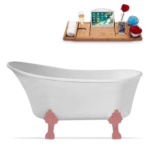 Streamline 55 in. x 26.8 in. Acrylic Clawfoot Soaking Bathtub in Glossy White with Matte Pink Clawfeet and Matte Pink Drain