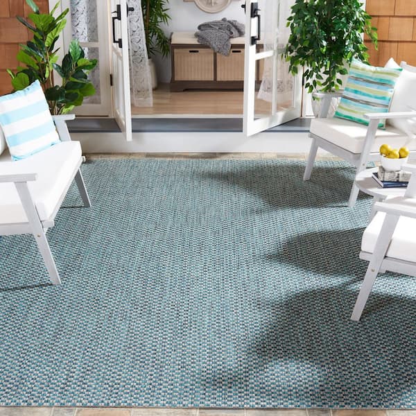 Courtyard Turquoise/Light Gray 8 ft. x 8 ft. Distressed Solid Color Indoor/Outdoor Square Area Rug