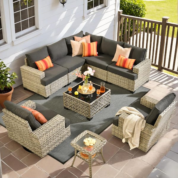 XIZZI Lauren 9-Piece Wicker Patio Conversation Seating Sofa Set with Black Cushions and Swivel Rocking Chairs
