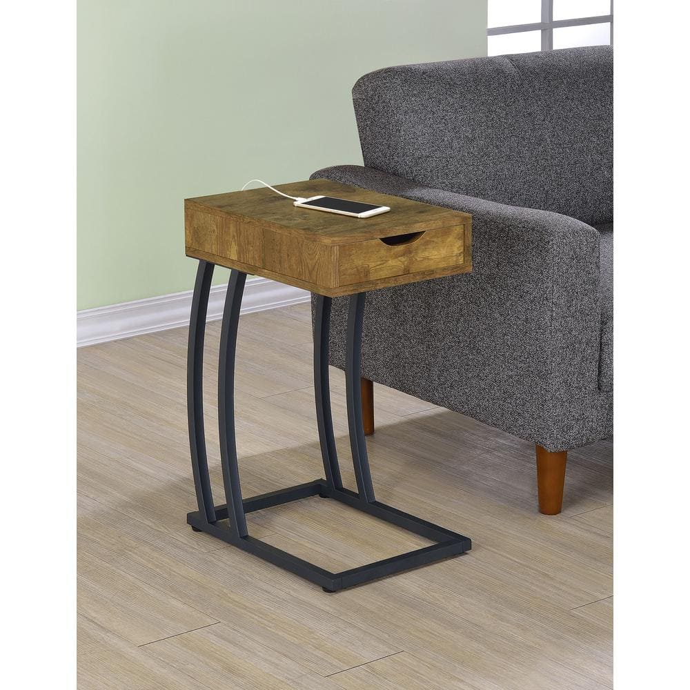 Transitional Antique Nutmeg Wood & Metal End Table with Charging Station