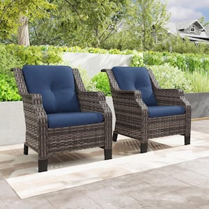 2-Piece Wicker Patio Outdoor Lounge Chair with Blue Cushions