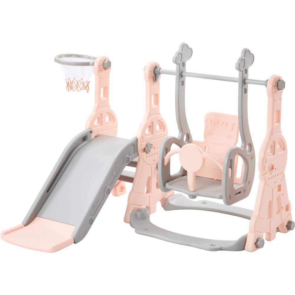 Pink 3-in-1 Kids Freestanding Playset with Climber, Swing, Basketball Hoops
