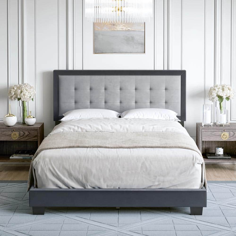 Elegant Full/Double Velvet Upholstered Platform Bed with Tufted Headboard