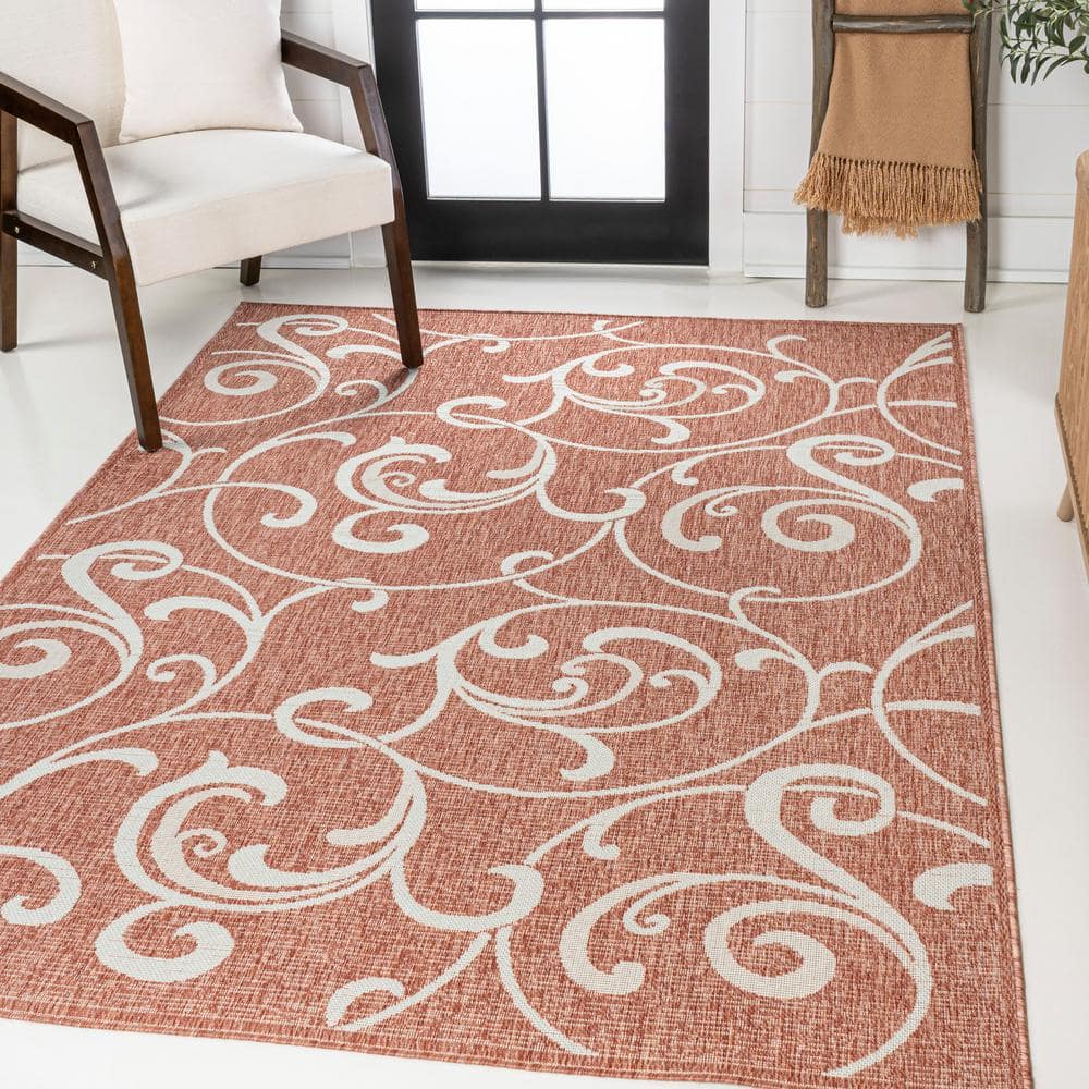 Salmon and Cream Reversible Synthetic Scroll Area Rug 5x8