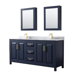 Daria 72 in. Double Vanity in Dark Blue with Marble Vanity Top in White Carrara with White Basins and MedCab Mirrors