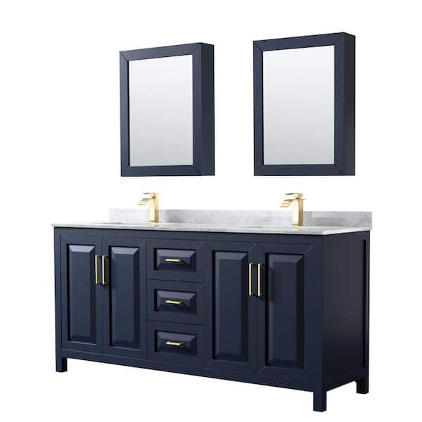 Wyndham Collection Daria 72 in. Double Vanity in Dark Blue with Marble Vanity Top in White Carrara with White Basins and MedCab Mirrors